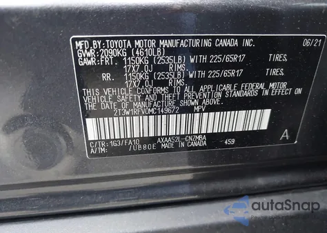 2021 Toyota Rav4 Xle из США, поврежденный, VIN 2T3W1RFV0MC149672
